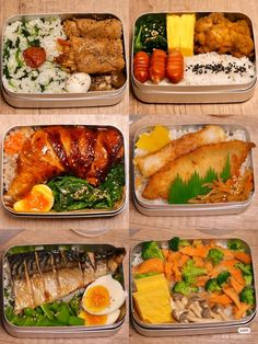 four bento boxes filled with different types of food on top of a wooden table