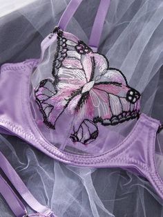 Purple Lingerie Set Butterfly Embroidered Sexy Underwear Butterfly Embroidery, Equatorial Guinea, Ethiopia, Lingerie Set, Brunei, Women Lingerie, Exclusive Designs