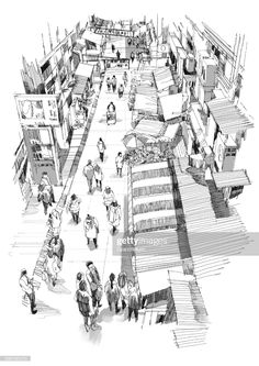 a drawing of people walking around an outdoor market