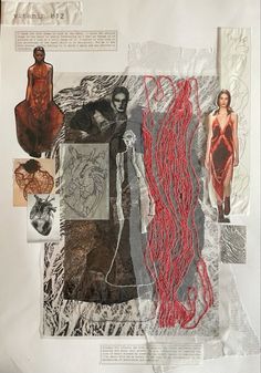 an altered collage with images and text on it, including red thread in the middle