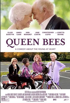 the movie queen bees is shown with an older man and woman sitting on a motorcycle