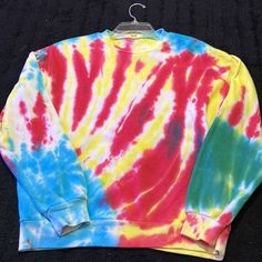 Tie Dyed Sweatshirt Size Small New Tie Dye Rainbow Print Crew Neck Top, Tie Dye Crew Neck Top With Rainbow Print, Hand Dyed Multicolor Relaxed Fit Sweatshirt, Multicolor Relaxed Fit Bleached Tops, Casual Multicolor Hand Dyed Sweatshirt, Casual Rainbow Crew Neck Sweatshirt, Multicolor Bleached Crew Neck Top, Hand Dyed Rainbow Tops For Spring, Casual Rainbow Hand Dyed Tops