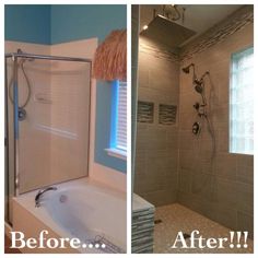 before and after pictures of a bathroom remodel with tub, shower head, and window