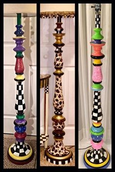 three different types of decorative candlesticks in various colors and designs, each decorated with an individual's own design