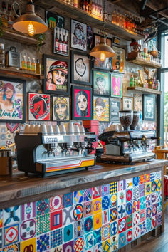 the interior of a coffee shop with colorful tiles on the wall and artwork hanging from the ceiling