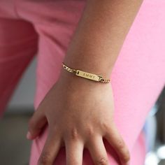 Dainty and masculine, this engravable id bracelet features a sleek bar on a Figaro chain. Perfect for layering with other bracelets or worn alone. Gold Vermeil (Thick layer of Gold plated over Sterling Silver) Plate: Width 1in(2.7cm) x Height 0.2in(0.5cm) Italian Figaro chain, width 2mm Laser Engraving Handcrafted in NYC Hypoallergenic, lead and nickel free #B193 Classic Name Bracelet With Curb Chain As A Gift, Classic Engraved Charm Bracelet For Everyday, Adjustable Everyday Chain Bracelet With Name, Adjustable Name Chain Bracelet For Everyday, Classic Chain Bracelet With Personalized Nameplate, Adjustable Nameplate Chain Bracelet, Adjustable Nameplate Chain Bracelet For Everyday, Classic Personalized Nameplate Chain Bracelet, Engraved Link Chain Bracelet Adjustable