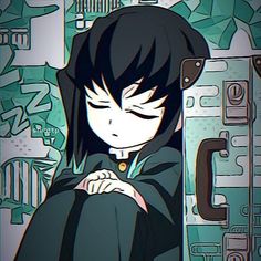 an anime character with black hair standing in front of a wall