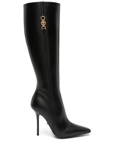 Medusa '95 110mm leather boots Versace Boots Heels, Black Boots Aesthetic, Black Heels With Gold, Versace Boots, High Knee Boots, Heels Luxury, Gladiator Boots, Leather Boots Black, Boots High Heels