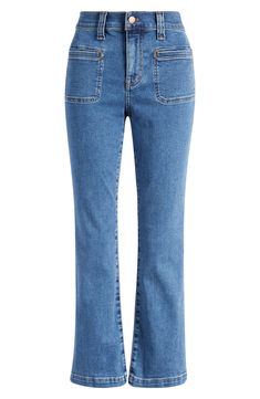 An evolution of the brand's fan-fave fit, these mid-rise cropped jeans have angled front welt pockets and kicked-out flares with leg-elongating center seams. 26 1/2" inseam; 18" leg opening; 10 1/2" front rise; 15" back rise (size 29) Zip fly with button closure Front welt pockets; back patch pockets 98% cotton, 2% elastane Machine wash, tumble dry Imported Crop Jeans, Back Patch, Welt Pockets, Cropped Jeans, Welt Pocket, Patch Pocket, Madewell, Evolution, Mid Rise