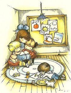 a drawing of three children playing in a room with pictures on the wall behind them