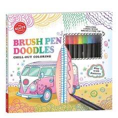 the brush pen doodles set includes four markers and a surfboard with a pink van