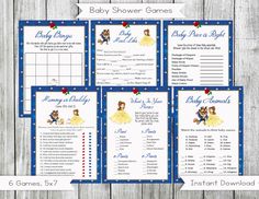 printable baby shower games with princess and snowman on the front, blue background