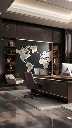 an office with a world map on the wall