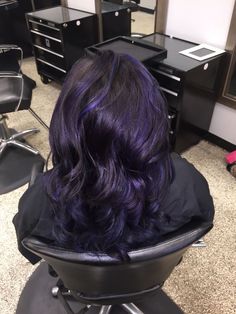 Purple And Blue Highlights Black Hair, Black Hair W Purple Highlights, Purple To Black Hair, Blue Toned Purple Hair, Dark Purple Chunky Highlights, Black Blue And Purple Hair, Blue Purple Black Hair, Indigo Purple Hair, Blue Black Hair Color Short