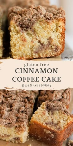 gluten free cinnamon coffee cake is cut in half and stacked on top of each other