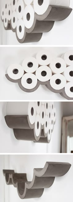 three different views of toilet paper hanging on the wall and above it is a shelf with several rolls of toilet paper