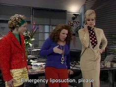 three women standing in an office talking to each other with the caption emergency injection please