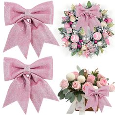 three pink bows with flowers and greenery in the middle one has a wreath on it