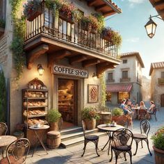 an artist's rendering of a coffee shop with tables and chairs in front of it