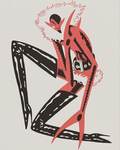 a black and red drawing of a man with scissors