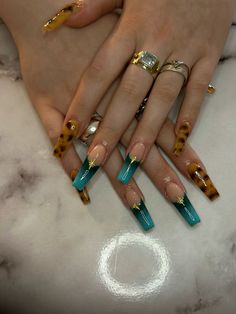 #ombrenail #leopard #blue #longnails #frenchnails Kehlani Nail Designs, Aqua Cheetah Nails, French Tip On Colored Nails, Blue And Gold Square Nails, Teal Leopard Nails, Jaguar Print Nails, Gold And Blue Nails Design, Tiger French Nails, Leopard Print Nails Almond