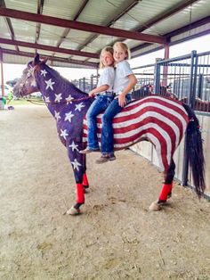 two children sitting on the back of a horse with an american flag painted on it