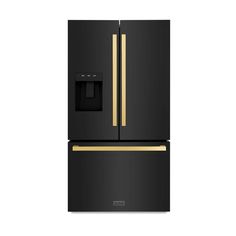 a black refrigerator freezer with gold trimming on the door and bottom drawer, in front of a white background