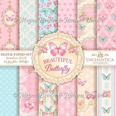 digital paper set with butterflies and laces in pastel pink, blue, yellow and white