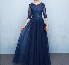 Elegant Navy Blue Mother of the Bride Dresses Half Sleeves Sheer with Applique Lace-up Back Floor Length Mother's Gowns Cheap,391 sold by muttie dresses on Storenvy Blue Mother Of The Bride, Mothers Gowns, Tulle Applique, Applique Lace, Cheap Gowns, Dress Royal Blue, Dresses Cheap, Mothers Dresses, Half Sleeve Dresses