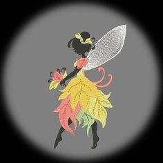 the embroidery design depicts a fairy holding a flower and a large knife in her hand