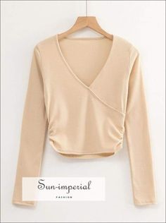 Women Pink Deep V Neck Ruched side Crop top Long Sleeve Rib T-shirt Basic style Cheap Fitted Tops With Ruched Sides, Cheap V-neck Tops With Rolled Sleeves, Cheap Casual Long Sleeve V-neck Top, Cheap Stretch V-neck Long Sleeve Top, Cheap Casual Fitted V-neck Top, Cheap Seamless V-neck Tops, Cheap Long Sleeve Viscose Tops, Cheap Trendy Fitted V-neck Top, Cheap Fitted V-neck Top