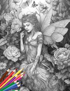 a pencil drawing of a fairy sitting in the middle of flowers with her eyes closed