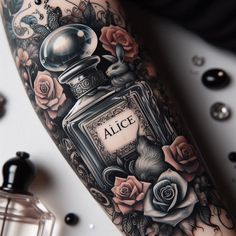 a tattoo with an image of a bottle and roses on the arm that says alice