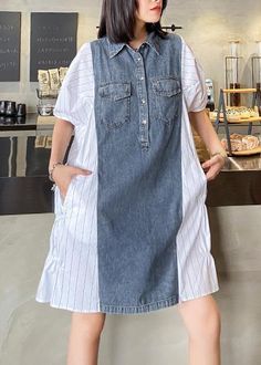 Style Lapel Quilting Dresses Runway White Striped Patchwork Denim Dresses Denim Dress Style, Dresses Runway, Ropa Upcycling, Dresses Materials, Denim Dresses, Denim Ideas, Shirt Refashion, Patchwork Denim, Runway Dresses