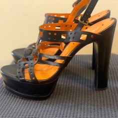 These Beauties Are Via Spiga Sandals With Perforated Black Leather, Size 8.5m. 5 Inches High With 11/2 Inch Platform. Pre-Owned, Gently Used In Great Condition. Via Spiga Shoes, Sling Back, Here Comes, Leather Sandals, Black Leather, Pumps, Women Shoes, Sandals, Leather