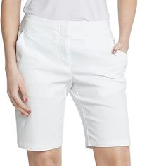 White Izod Women’s Golf Stretch 10" Short With Pockets 75% Rayon, 22% Nylon, 3% Elastane Hook And Bar Closure Machine Wash Comfortable Stretch Fabric For Maximum Movement On The Golf Course. Built In Upf 15+ For Sun Protection. Moisture-Wicking Keeps You Dry By Pulling Moisture Away From The Body. Flattering Fly Front Style With Hook Closure. Two Front Pockets And Two Rear Pockets To Store And Easily Access All Your Golf Essentials. Modern Streamlined Fit Designed To Sit Just Below The Natural W White Bermuda Shorts With Pockets For Work, White Fitted Bermuda Shorts Casual, Spring White Stretch Bermuda Shorts, White Cotton Golf Bottoms, White Bermuda Shorts With Built-in Shorts, White Stretch Bermuda Shorts, White Bottoms For Golf In Spring, White Spring Golf Bottoms, Solid Golf Bottoms For Spring