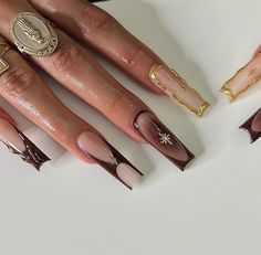 Brown Nails, Best Acrylic Nails, Acrylic Nails, Nails, Gold