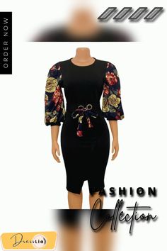 Women Elegant Bodycon Dresses O Neck Three Quater Sleeves High Waist Office Ladies Work Wear Package Hip African Fashion Plus Size Long Sleeve Black Bodycon Dress With Floral Print, Fitted Floral Print Office Dresses, Elegant Bodycon Dress, Fashion Plus Size, Bodycon Dresses, Office Ladies, African Fashion, Work Wear, The Dress