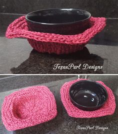 crocheted dishcloth and bowl cover set in pink yarn with matching black bowl