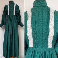 "A gorgeous, 1970s, Laura Ashley, long sleeved, full length, batwing dress. The fabric is a fabulous forest green with a small flower design in a darker green. The dress has a high waist and features: - a high neck - voluminous sleeves which come from the high waist. - wide buttoned cuffs. - white cotton lace inserts at the bodice. - pin tucks on the bodice. - a gathered skirt. - a narrow tie belt. The fabric still feels reasonably new. This dress fastens with a long zip to the back. LABEL: Laura Ashley. Made in Wales. Washed and ironed on reverse. SIZE: Vintage size 12 (UK), would suit modern size 8/small 10 please see measurements (max 34\" bust).  Shown on a mannequin with a 34\" bust and is a little snug at the bodice. Measurements (taken flat, please double up and leave wiggle room). Vintage Green Winter Dresses, Green Vintage Winter Dress, Green Vintage Dress For Fall, Green Maxi Dress For Fall Daywear, Green Maxi Dress For Daywear In Fall, Retro Green Long Sleeve Maxi Dress, Green Long Sleeve Retro Maxi Dress, Vintage Long Sleeve Green Dress, Vintage Long Sleeve Maxi Dress