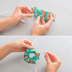 two pictures showing how to make a hair tie with fabric and ribbon, one is being tied