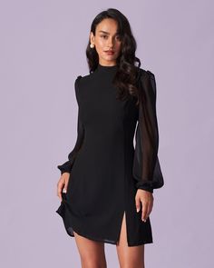 The Black Stand Collar Sheer Slit Mini Dress - Slit Long Sleeve Sheer A line Mini Dress - Black - Dresses | RIHOAS Black Work Dresses, Dinner Dresses, Sheer Mini Dress, Tailored Clothes, Vintage Slip, Dress Idea, Black Work, Mini Robes, Vestidos Vintage