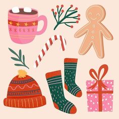 an illustration of christmas items including socks, candy canes and gingerbread on a pink background