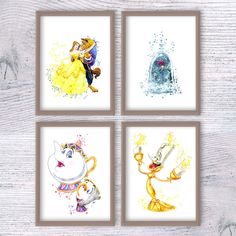 four different pictures of the same animal in watercolor on white paper with wood background