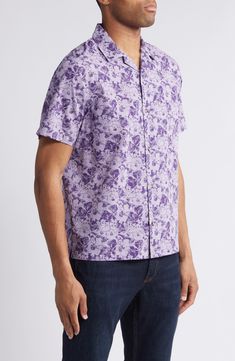 The vacation starts early when you put on this breezy camp shirt cut from stretch cotton and highlighted by a cool floral print. 28" length; 44" chest (size Medium) Front button closure Notched collar Short sleeves 97% cotton, 2% elastane, 1% polyester Machine wash, tumble dry Imported Collared Tops With Hibiscus Print For Spring, Collared Hibiscus Print Top For Spring, Casual Shirt With Hibiscus Print For Spring, Collared Cotton Shirt With Hibiscus Print, Cotton Collared Shirt With Hibiscus Print, Spring Collared Shirt With Hibiscus Print, Cotton Hibiscus Print Collared Shirt, Spring Hibiscus Print Collared Shirt, Collared Cotton Hawaiian Shirt With Floral Print