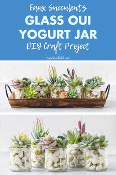 some glass jars filled with plants and rocks on top of a wooden tray that says faux succulents, glass ou yogurt jar diy craft project