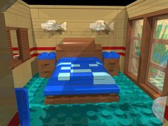 a bedroom with a bed made out of lego blocks and blue water on the floor