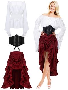 PRICES MAY VARY. Meet Your Decoration Needs: this set includes 1 piece of renaissance skirt for women, 1 piece of white off the shoulder top and 1 piece of black elastic waistband, exquisite combination, rich collocation, to meet your use needs Classic Design: elegant renaissance off shoulder long sleeve dress with vintage style leather corset and red skirt, this is a classic match for renaissance women, a nice choice for Halloween and cosplay costumes Appropriate Size: both the white top and th Viking Peasant, Women Pirate Costume, Pirate Skirt, Women Pirate, Medieval Halloween, Black Corset Belt, Outfit Large, Pirate Dress, Female Pirate Costume