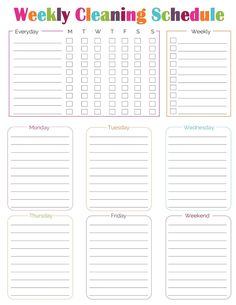 the printable weekly cleaning schedule is shown in rainbow colors and includes tasks to do