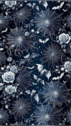 a black and white background with roses, bats and spider webs